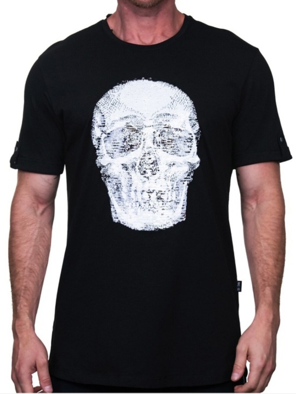 Reversible Sequin Skull Maceoo Tee Black Longline Graphic Shirt M